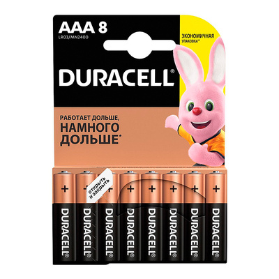 Батарея мизинчиковая AAA (R03, LR03, 286), Duracell, LR03-MN2400 Bl8, 8шт