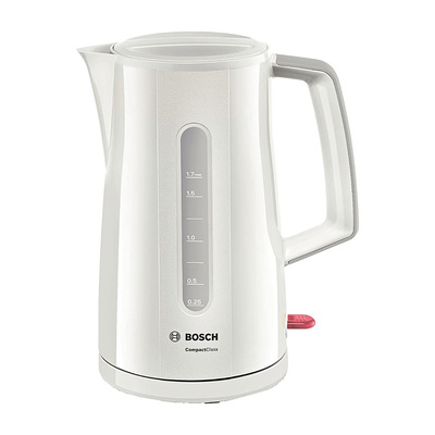Чайник, Bosch, TWK3A011, пластик, 1,7л, 2400 Вт, белый, скрытый нагревательный элемент