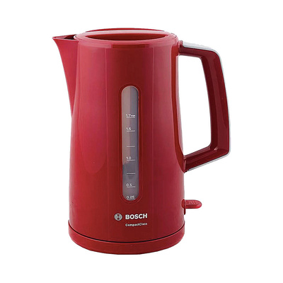 Чайник Bosch, TWK3A014, пластик, 1,7л, 2400 Вт, красный, скрытый нагревательный элемент