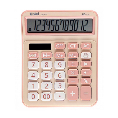 Калькулятор настольный Uniel, UD-113CR, 12-разряд., 161мм*125мм*25мм, розовый, двойное питание