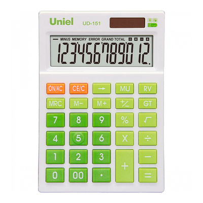 Калькулятор настольный Uniel, UD-151G, 12-разряд., 147мм*100мм*35мм, зеленый, двойное питание