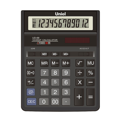 Калькулятор настольный Uniel, UD-68, 12-разряд., 203мм*158мм*30,5мм, черный, двойное питание