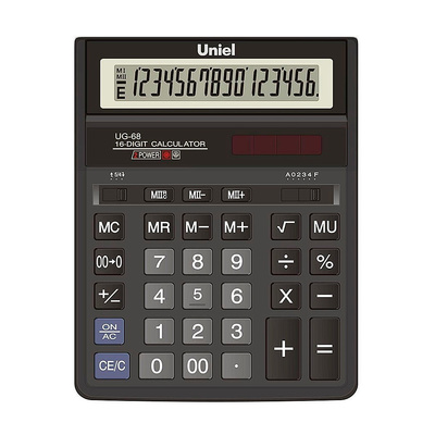 Калькулятор настольный Uniel, UG-68, 16-разряд., 203мм*158мм*305мм, черный, двойное питание