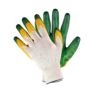 Перчатки хлопок, белые+зеленые, размер универсальные, латексная обливная ладонь, двойная обливка, 13 класс вязки