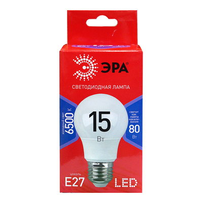 Лампа светодиодная ЭРА, LED SMD A60-865, E27, 15 Вт, 6500K (холодный свет), 220V