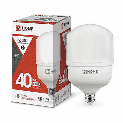 Лампа светодиодная In Home, LED-HP-PRO, E27, 40 Вт, 4000K (дневной свет), 230V, 3600lm с адаптером Е40