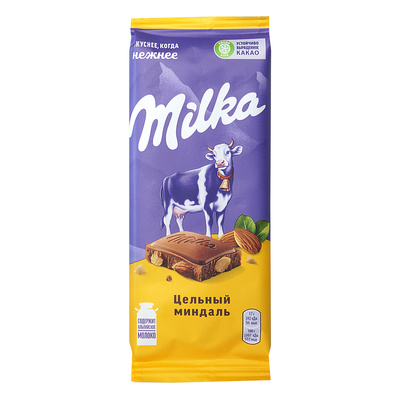 Шоколад Milka, молочный с цельным миндалем, 85г
