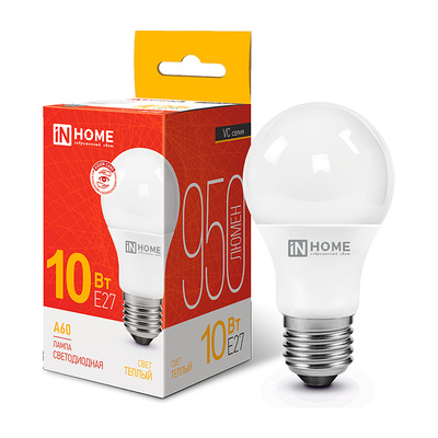 Лампа светодиодная In Home, LED-А60-VC, E27, 10 Вт, 3000K (теплый свет), 230V, 900lm