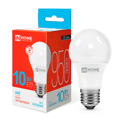 Лампа светодиодная In Home, LED-А60-VC, E27, 10 Вт, 6500K (холодный свет), 230V, 900lm