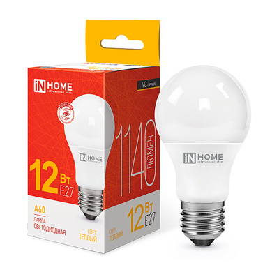 Лампа светодиодная In Home, LED-А60-VC, E27, 12 Вт, 3000K (теплый свет), 230V, 1080lm