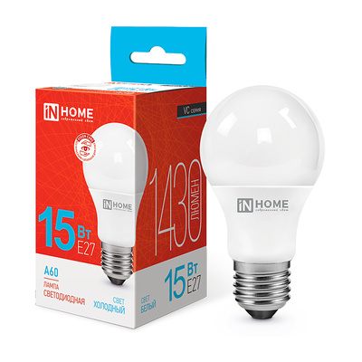 Лампа светодиодная In Home, LED-А60-VC, E27, 15 Вт, 6500K (холодный свет), 230V, 1350lm