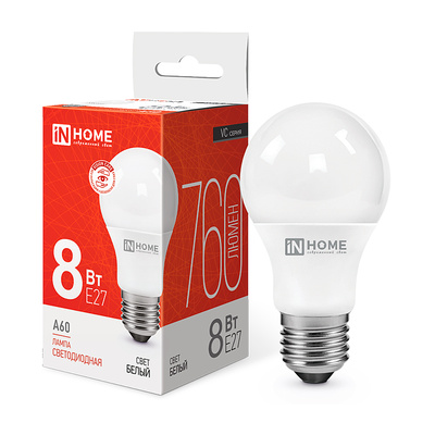 Лампа светодиодная In Home, LED-А60-VC, E27, 8 Вт, 4000K (дневной свет), 230V, 720lm