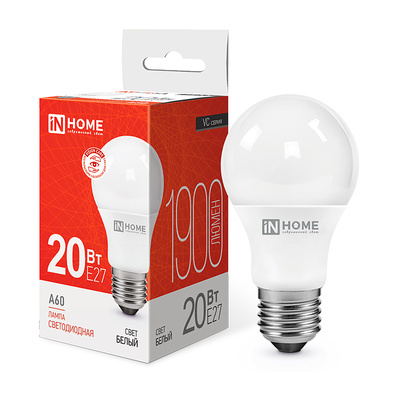 Лампа светодиодная In Home, LED-А60-VC, E27, 20 Вт, 4000K (дневной свет), 230V, 1800lm