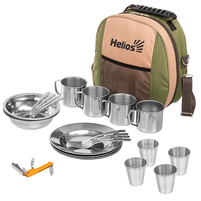 Набор посуды для пикника на 4 персоны, Helios, 26шт, тарелки,миски,кружки,стопки,ложки,вилки,открывашка