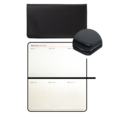 Еженедельник карманный недат. А6, кожзам, Qredo, 64л, 155мм*85мм, в твердом переплете, черный, тонированный блок, ляссе, черный срез