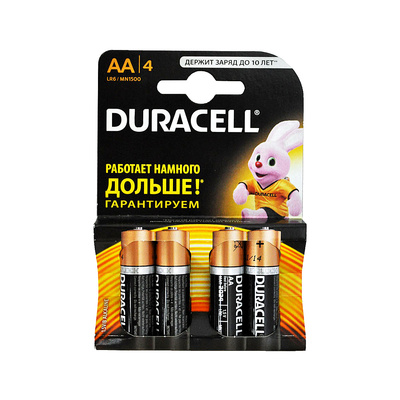 Батарея пальчиковая, AA (R6, LR6, HR6), Duracell, LR6-MN1500, 1,5V, алкалиновая, 4шт