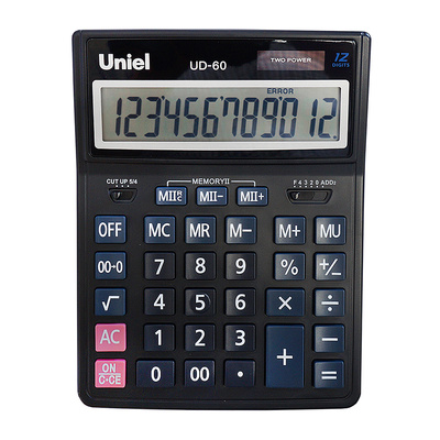 Калькулятор настольный Uniel, UD-60, 12-разряд., 206мм*155мм*35мм, черный, двойное питание